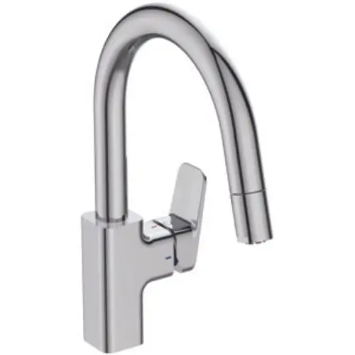 Küchenarmatur aus Chrom von Ideal Standard, mit einem gebogenen Auslauf und einem Hebel zur Steuerung der Wasserzufuhr.
